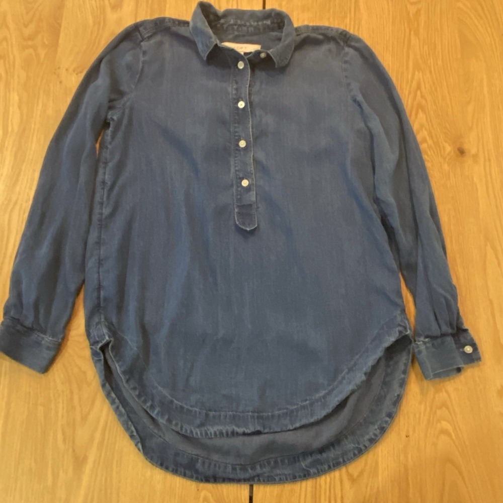 Ann Taylor Loft Women's Blue Soft Jean Shirt Long-sleeved Henley XXS Petite
